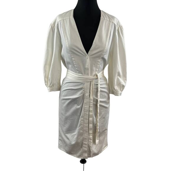 ZARA White Snap Front V-Neck Long Sleeve Belted Shirt Dress Sheath Knee Length M - Picture 1 of 8